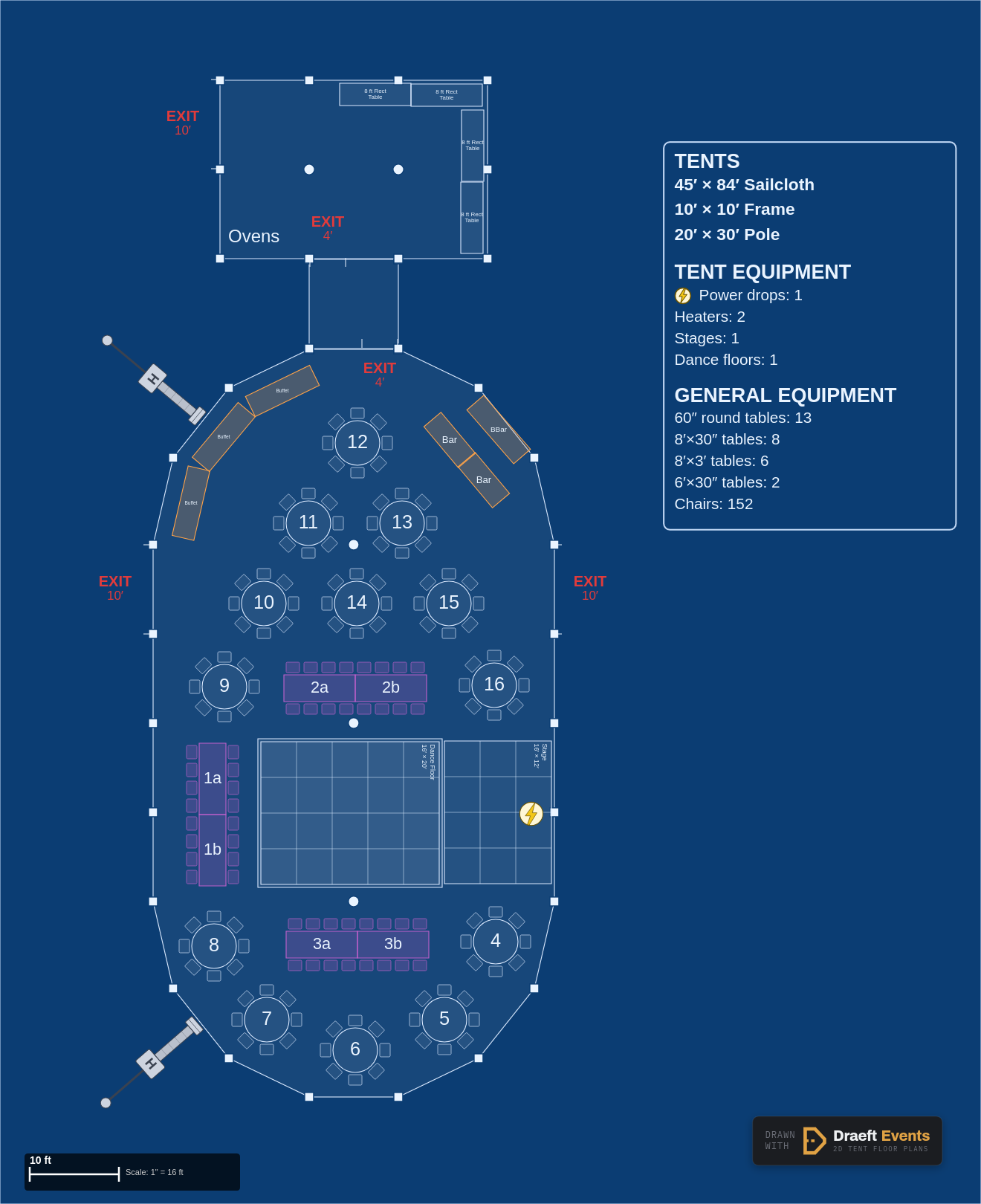 45' × 84' plan — planner view, blue theme